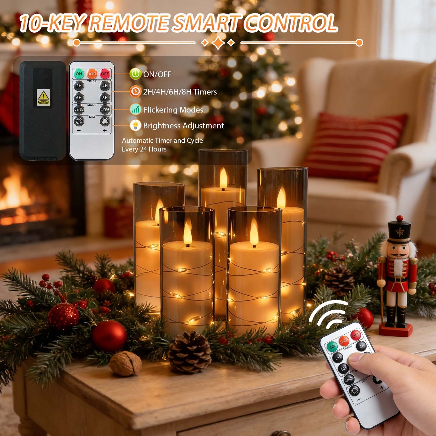 HIDAWN Flameless Pillar Candles with Remote,Embedded Star String Fairy Lights LED Fake Candles,5PC Battery Operated Flicker Electric Candle-Grey(H5"5"6"7"8")