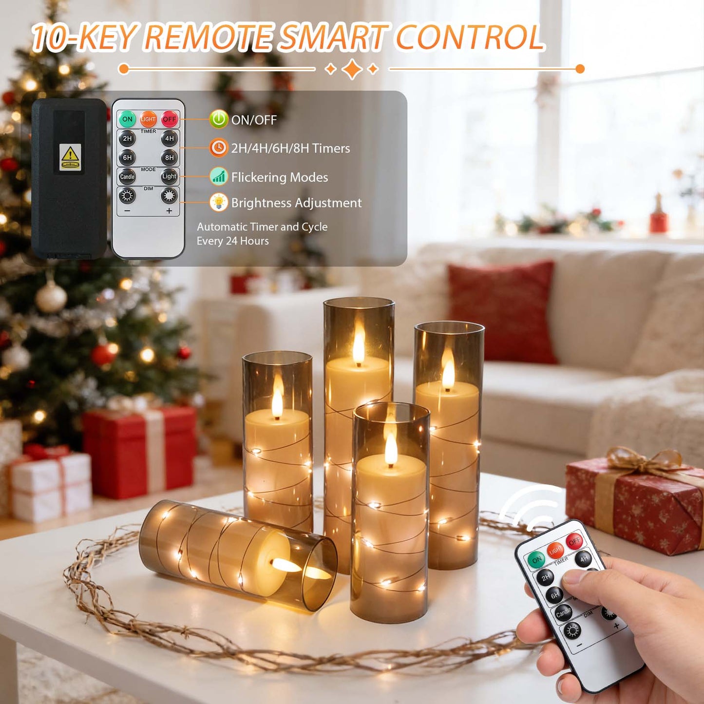 HIDAWN Flameless Pillar Candles with Remote,Embedded Star String Fairy Lights LED Fake Candles,5PC Battery Operated Flicker Electric Candle-Grey(H5"5"6"7"8")