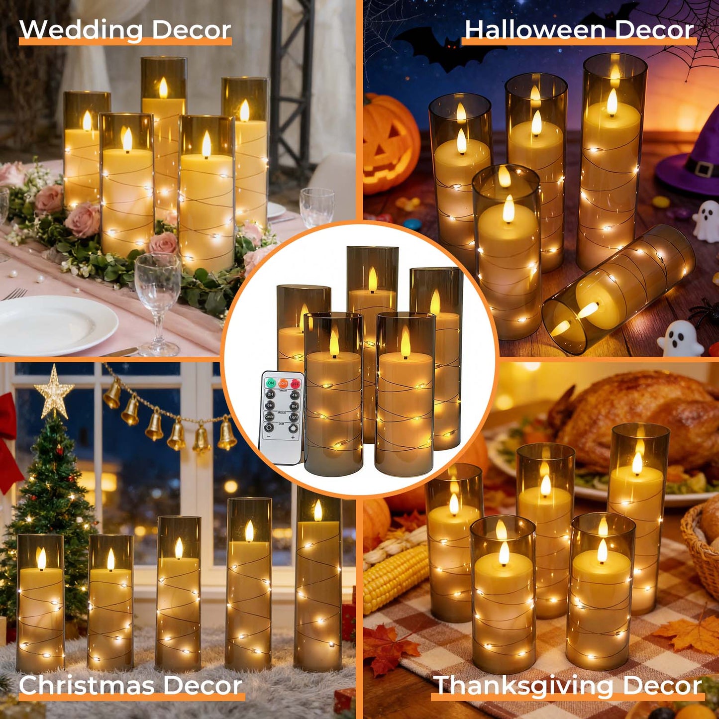 HIDAWN Flameless Pillar Candles with Remote,Embedded Star String Fairy Lights LED Fake Candles,5PC Battery Operated Flicker Electric Candle-Grey(H5"5"6"7"8")