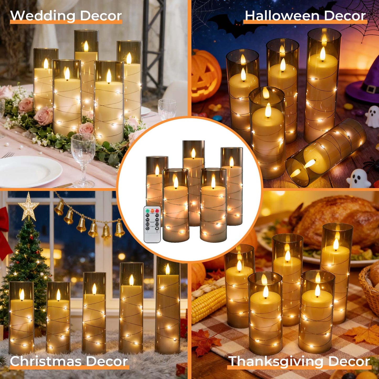 HIDAWN Flameless Pillar Candles with Remote,Embedded Star String Fairy Lights LED Fake Candles,5PC Battery Operated Flicker Electric Candle-Grey(H5"5"6"7"8")