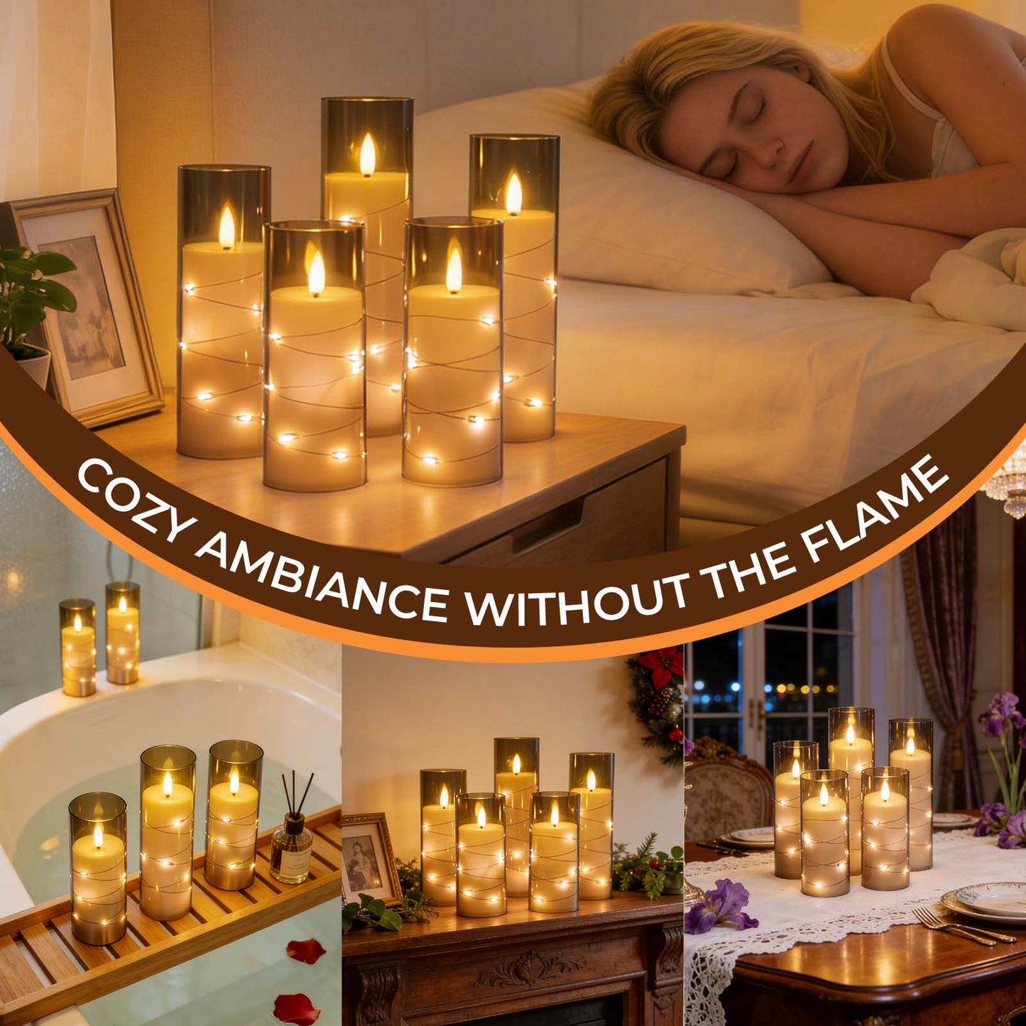 HIDAWN Flameless Pillar Candles with Remote,Embedded Star String Fairy Lights LED Fake Candles,5PC Battery Operated Flicker Electric Candle-Grey(H5"5"6"7"8")