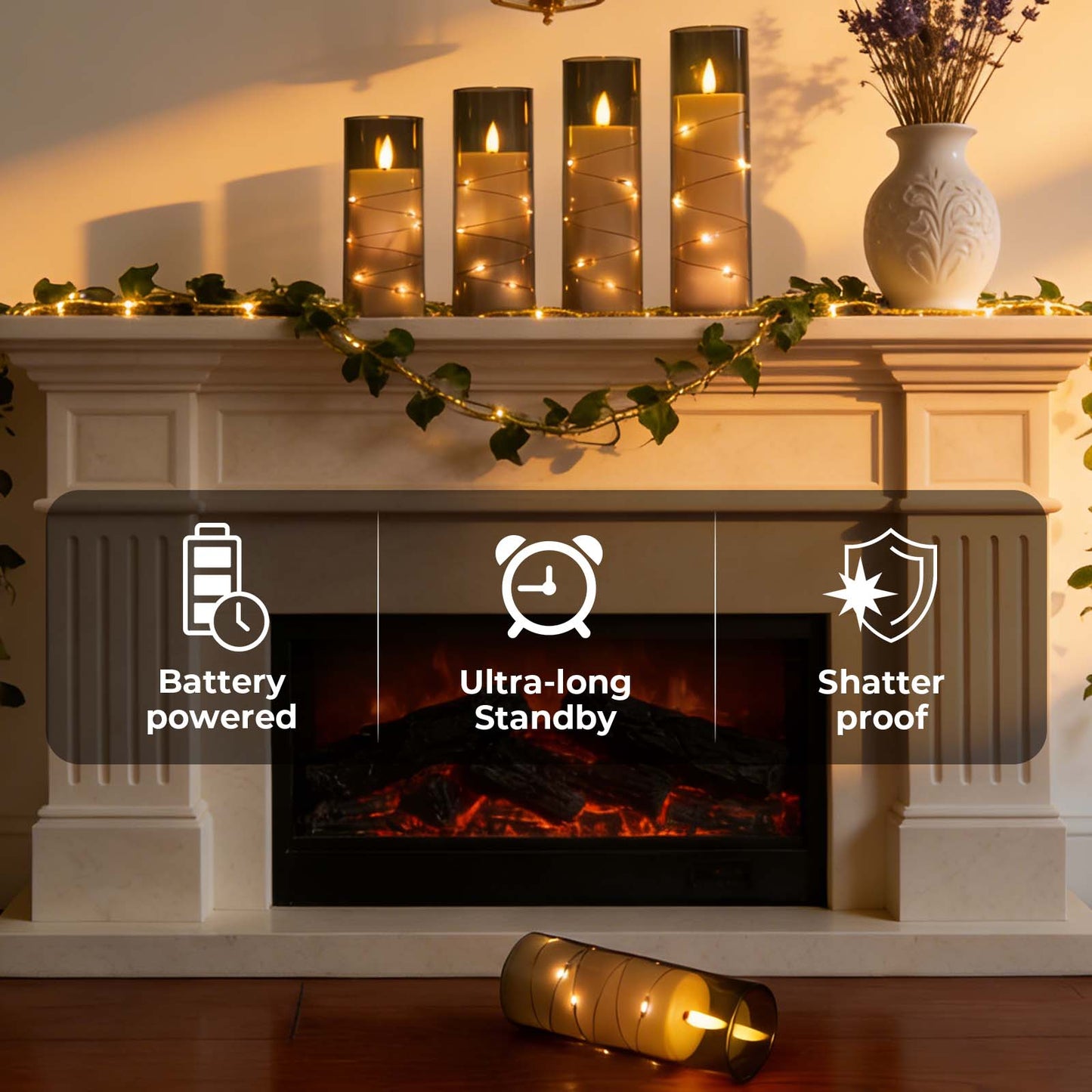 HIDAWN Flameless Pillar Candles with Remote,Embedded Star String Fairy Lights LED Fake Candles,5PC Battery Operated Flicker Electric Candle-Grey(H5"5"6"7"8")