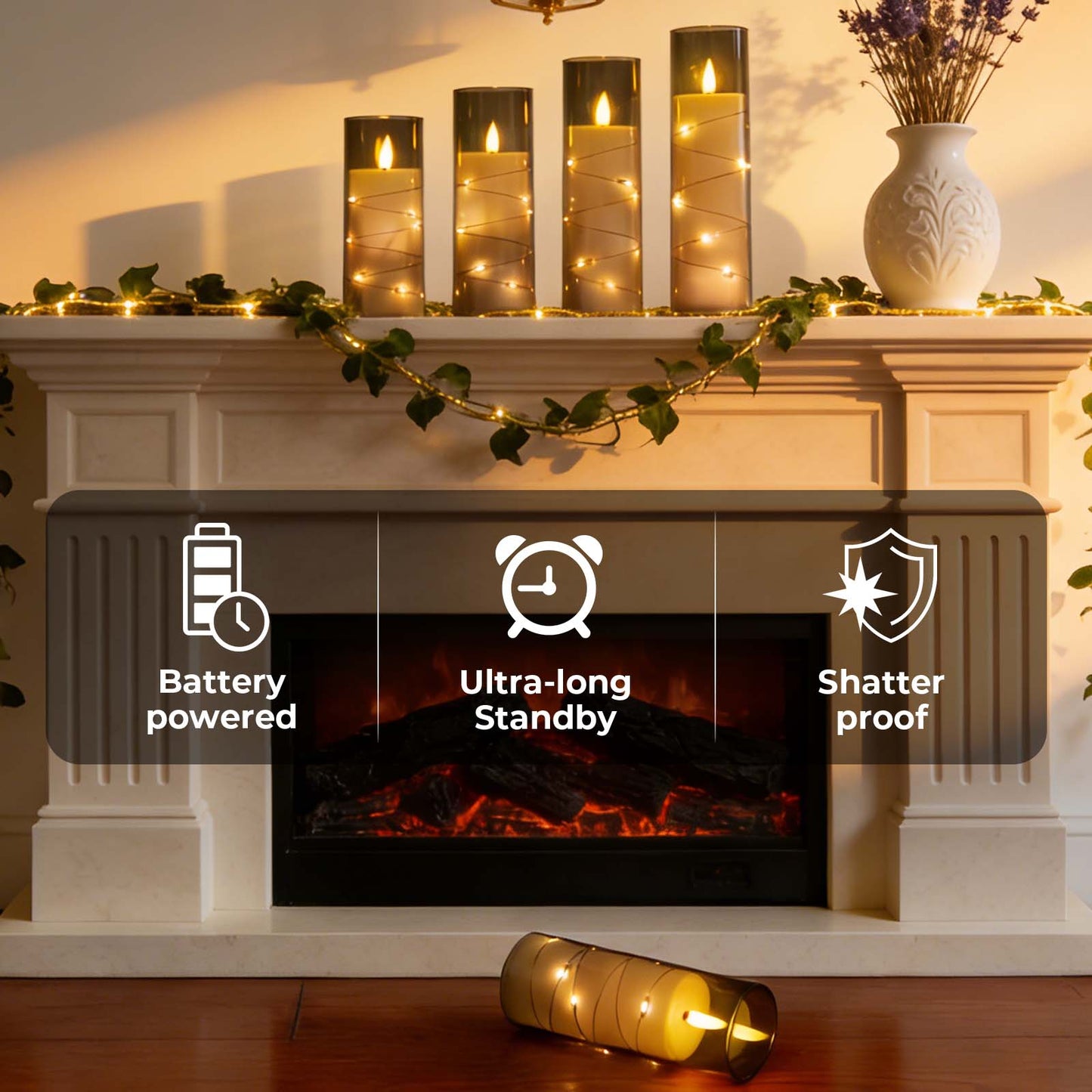 HIDAWN Flameless Pillar Candles with Remote,Embedded Star String Fairy Lights LED Fake Candles,5PC Battery Operated Flicker Electric Candle-Grey(H5"5"6"7"8")