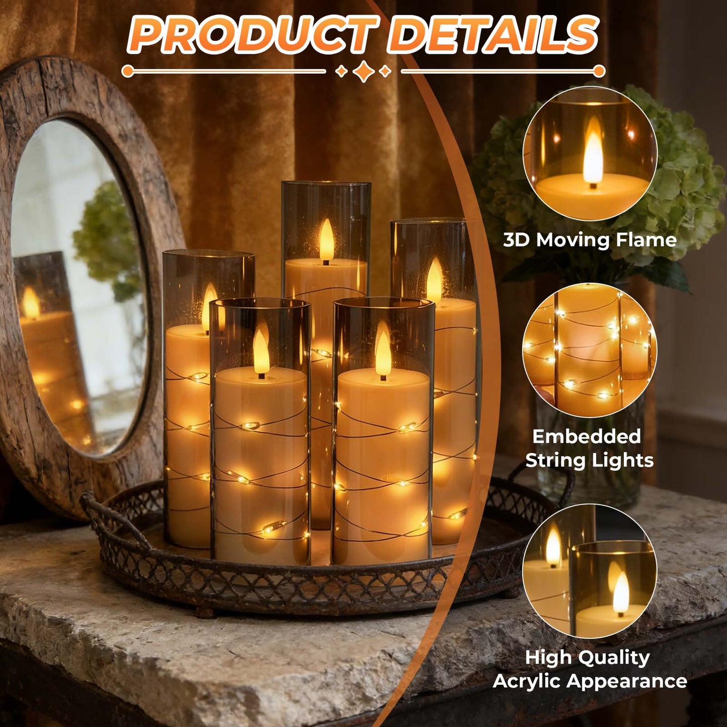 HIDAWN Flameless Pillar Candles with Remote,Embedded Star String Fairy Lights LED Fake Candles,5PC Battery Operated Flicker Electric Candle-Grey(H5"5"6"7"8")