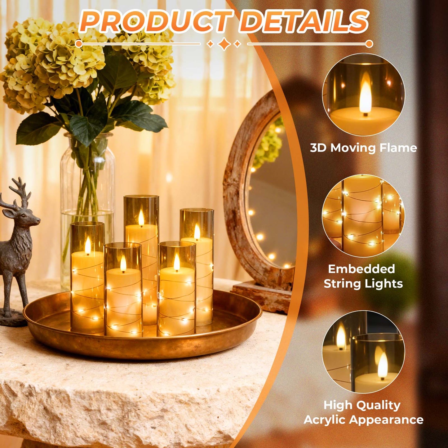 HIDAWN Flameless Pillar Candles with Remote,Embedded Star String Fairy Lights LED Fake Candles,5PC Battery Operated Flicker Electric Candle-Grey(H5"5"6"7"8")