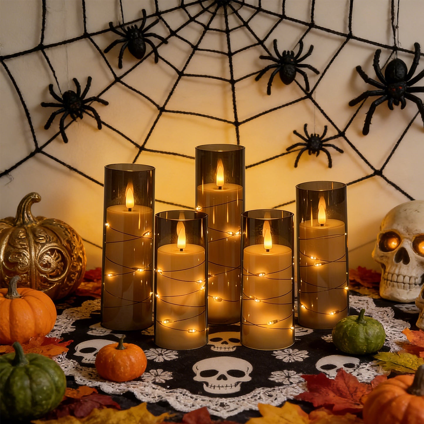 HIDAWN Flameless Pillar Candles with Remote,Embedded Star String Fairy Lights LED Fake Candles,5PC Battery Operated Flicker Electric Candle-Grey(H5"5"6"7"8")