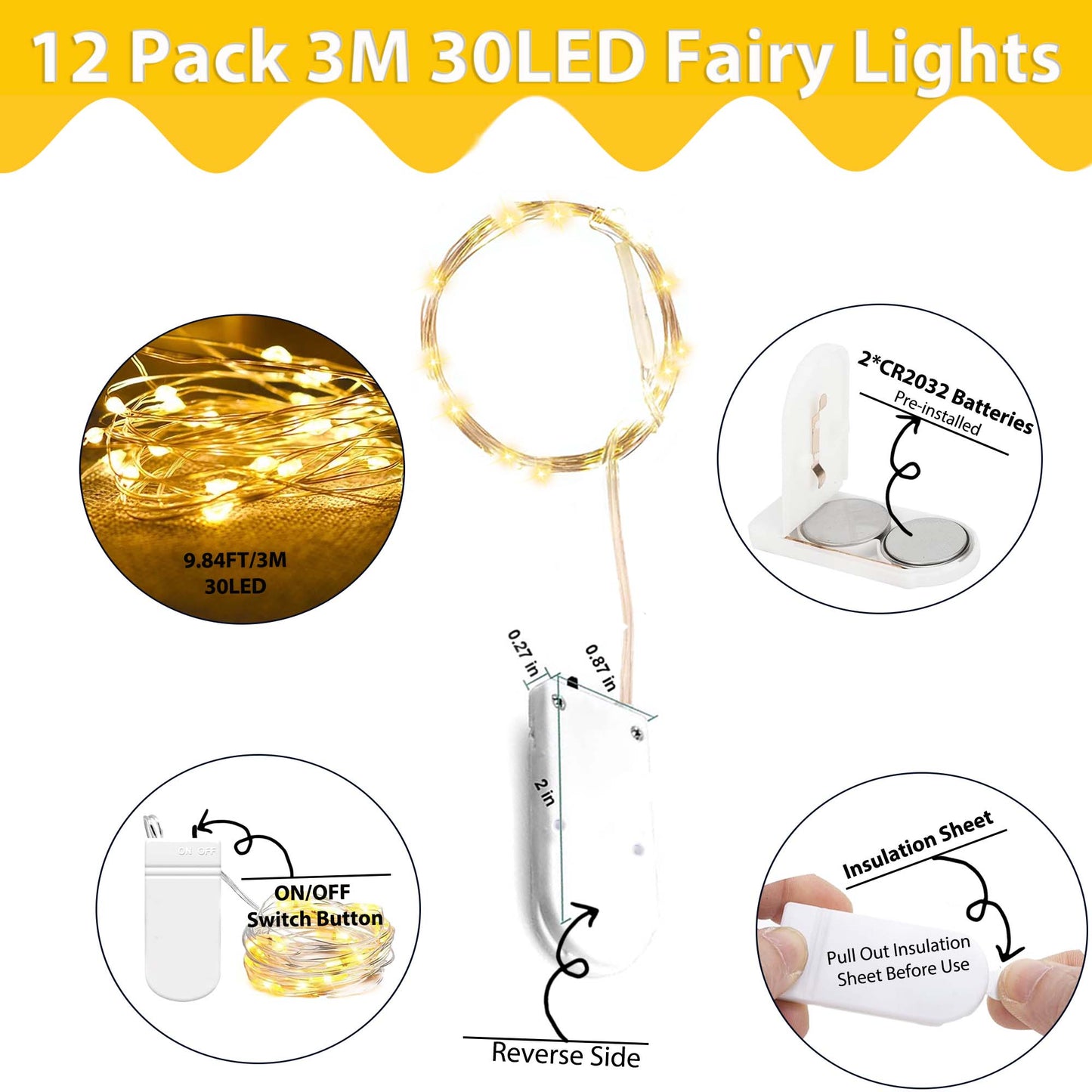 HIDAWN 12 Pack Fairy Lights CR2032 Battery Operated,9.84ft 30 LED Waterproof Mini String Lights  Copper Wire Firefly Starry Lights-Warm White