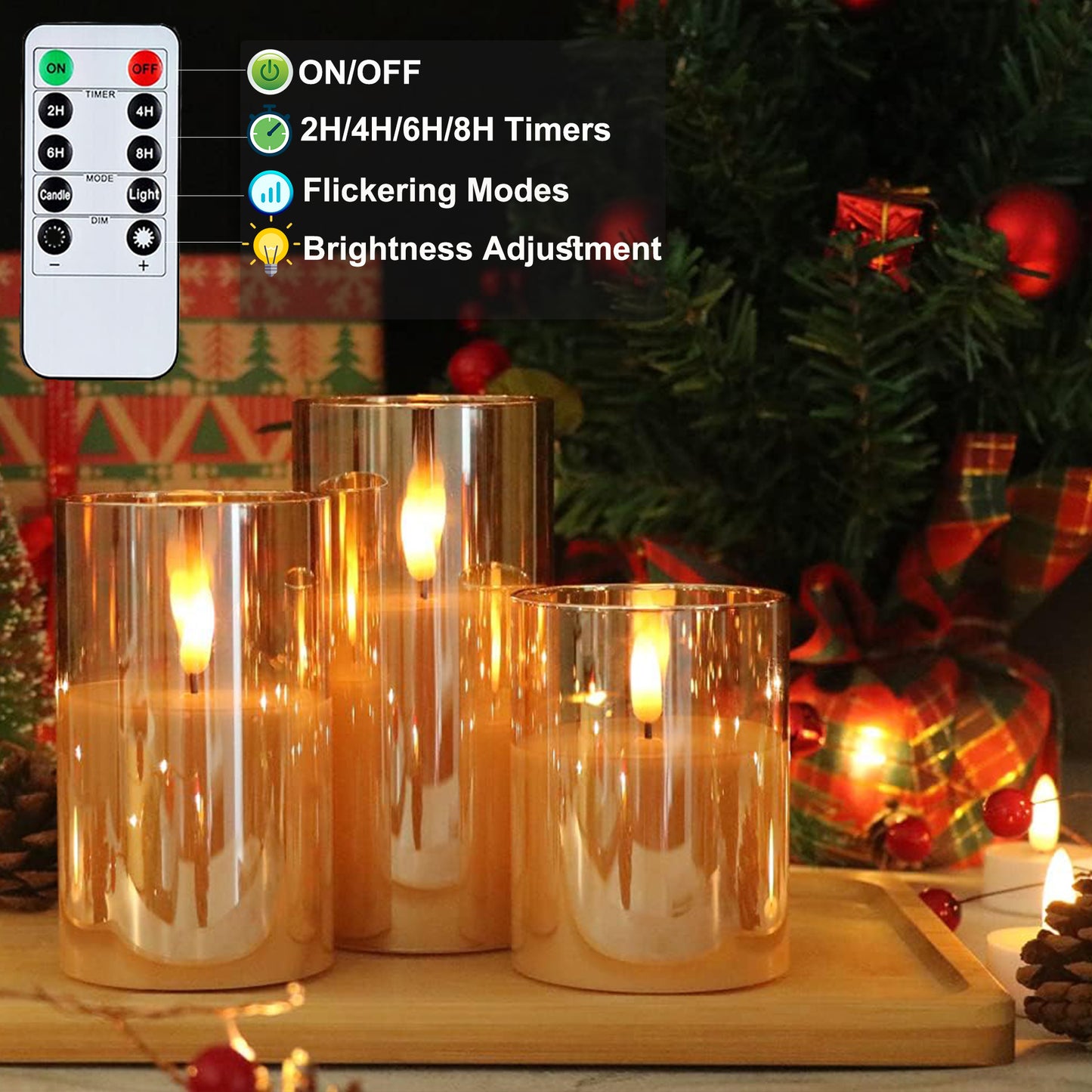 HIDAWN Flickering Flameless Candles, Unbreakable 3D Wick Acrylic Battery Operated LED Pillar Candles - Battery Candles with Remote and Timer 3 Pack Gold 4''x5''x6