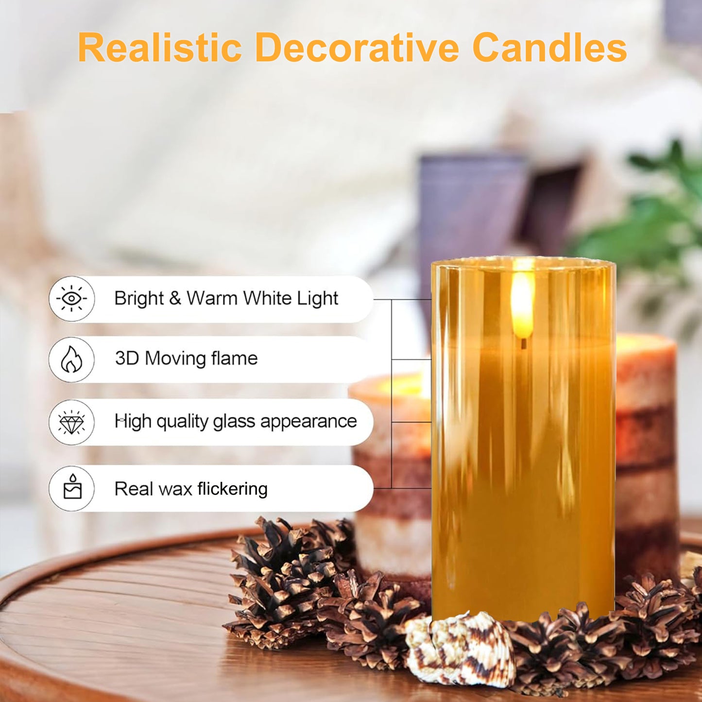 HIDAWN Flickering Flameless Candles, Unbreakable 3D Wick Acrylic Battery Operated LED Pillar Candles - Battery Candles with Remote and Timer 3 Pack Gold 4''x5''x6