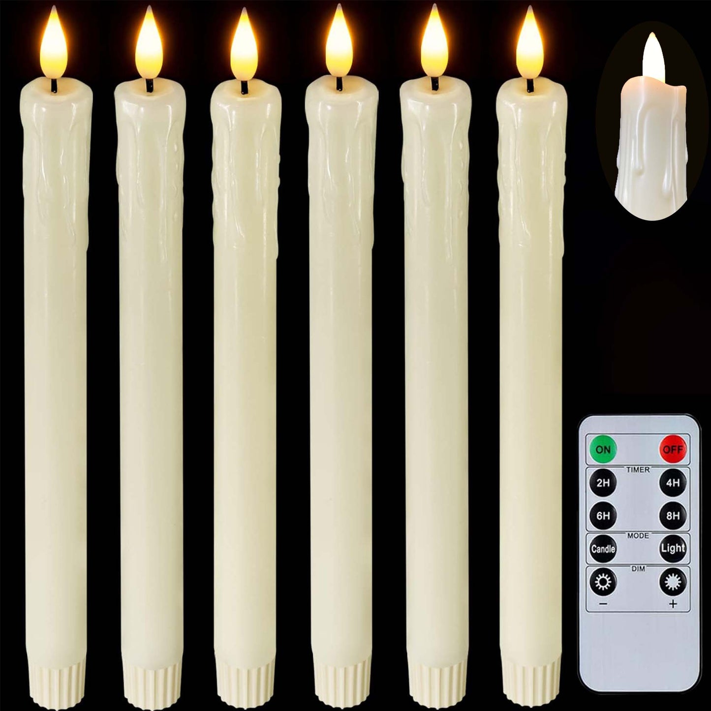 HIDAWN Flameless Taper Candles with Remote Timer,9.6 Inches LED Fake Candlesticks,Dripless Battery Operated 3D Flickering Flame Candles for Fireplace Christmas Halloween Decor-Ivory,6Pack