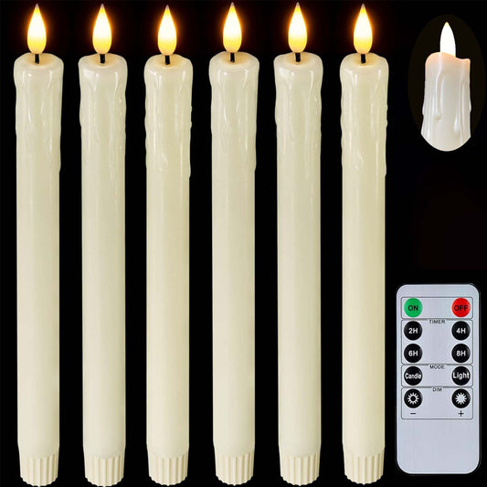HIDAWN Flameless Taper Candles with Remote Timer,9.6 Inches LED Fake Candlesticks,Dripless Battery Operated 3D Flickering Flame Candles for Fireplace Christmas Halloween Decor-Ivory,6Pack