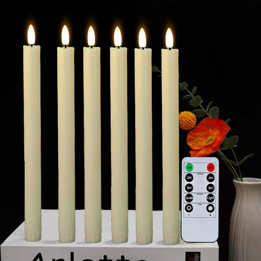 HIDAWN 6Pack Flameless Taper Candles with Remote Timer, 9.6 Inches LED Fake Electric Candlesticks,Dripless Battery Operated 3D Flickering Flame Window Candles-Ivory