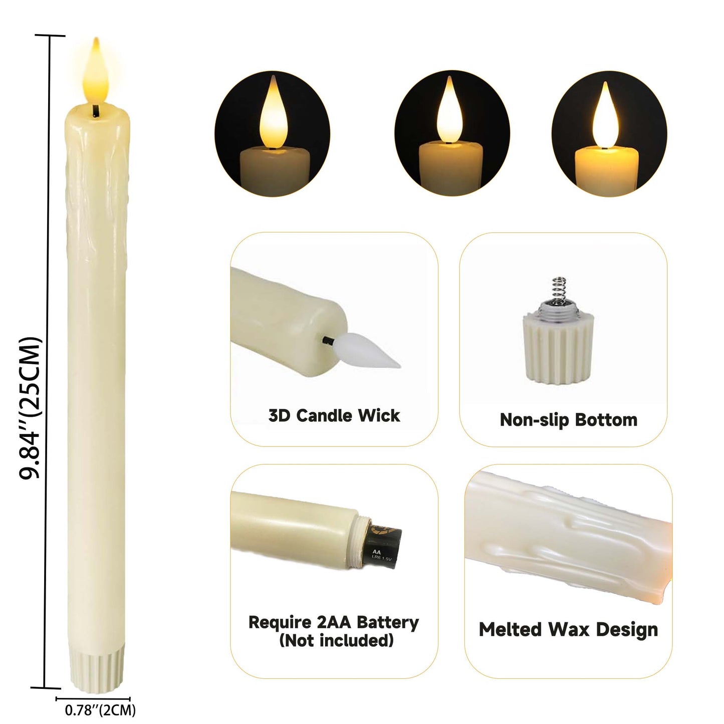 HIDAWN Flameless Taper Candles with Remote Timer,9.6 Inches LED Fake Candlesticks,Dripless Battery Operated 3D Flickering Flame Candles for Fireplace Christmas Halloween Decor-Ivory,6Pack