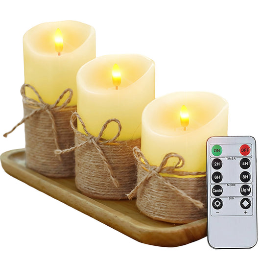 HIDAWN Hemp Rope Flameless Candles Flickering with Remote and Timer,3D Wick Acrylic Electric Fake Candles, Battery Operated LED Pillar Candle-Ivory 4" 5" 6"