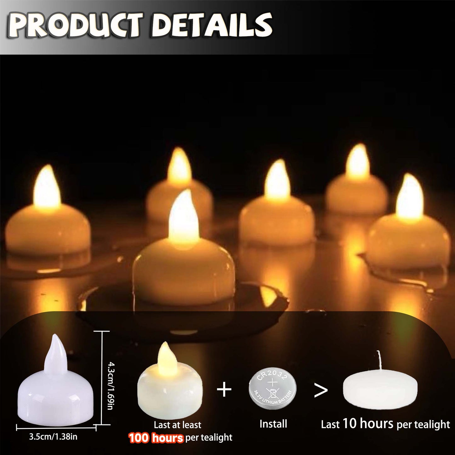 HIDAWN 12 Pack Waterproof Flameless Floating Tealights, Water Activated LED Fake Tealights Candle, Battery Operated Floating Tea Lights Candles-Warm Yellow