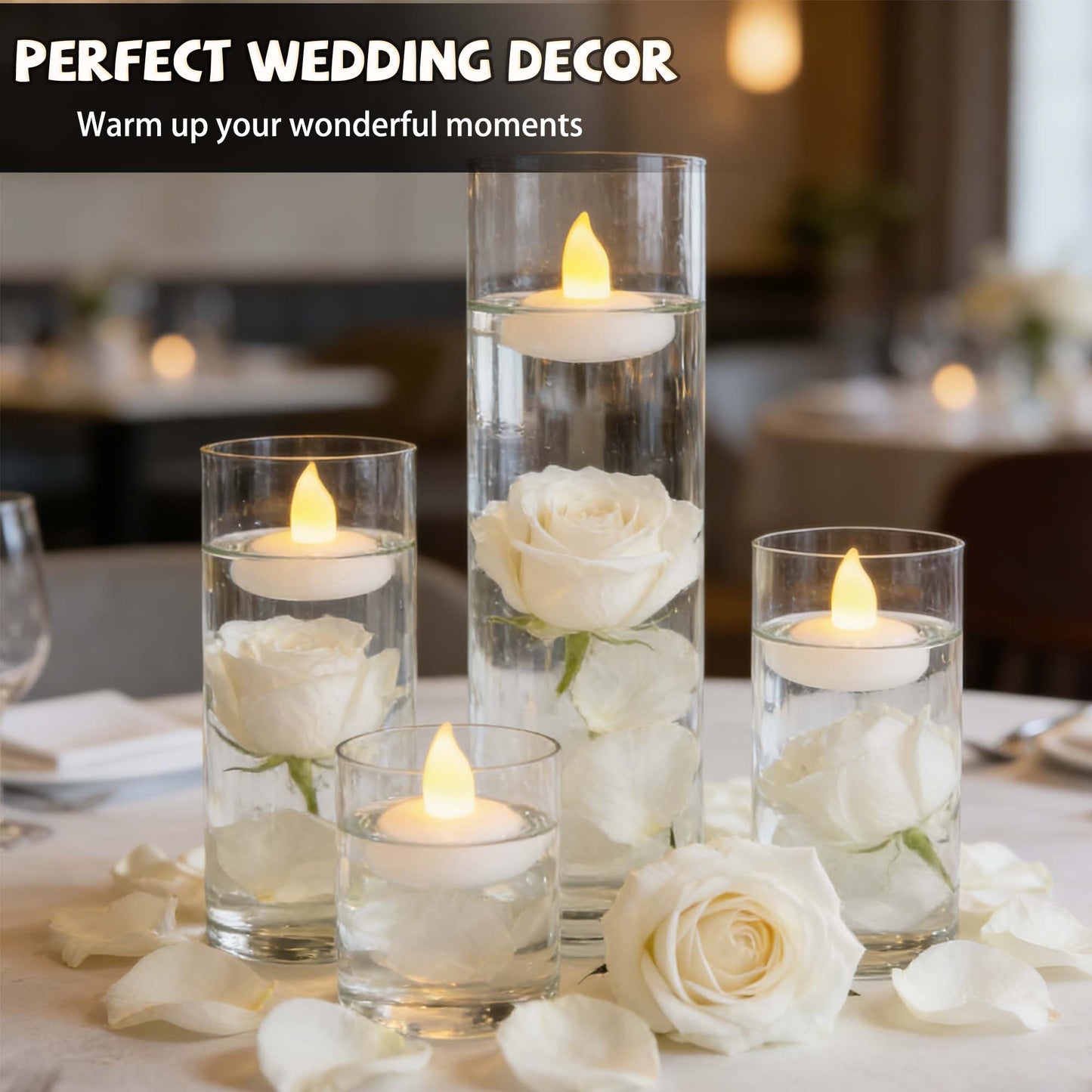 HIDAWN 12 Pack Waterproof Flameless Floating Tealights, Water Activated LED Fake Tealights Candle, Battery Operated Floating Tea Lights Candles-Warm Yellow