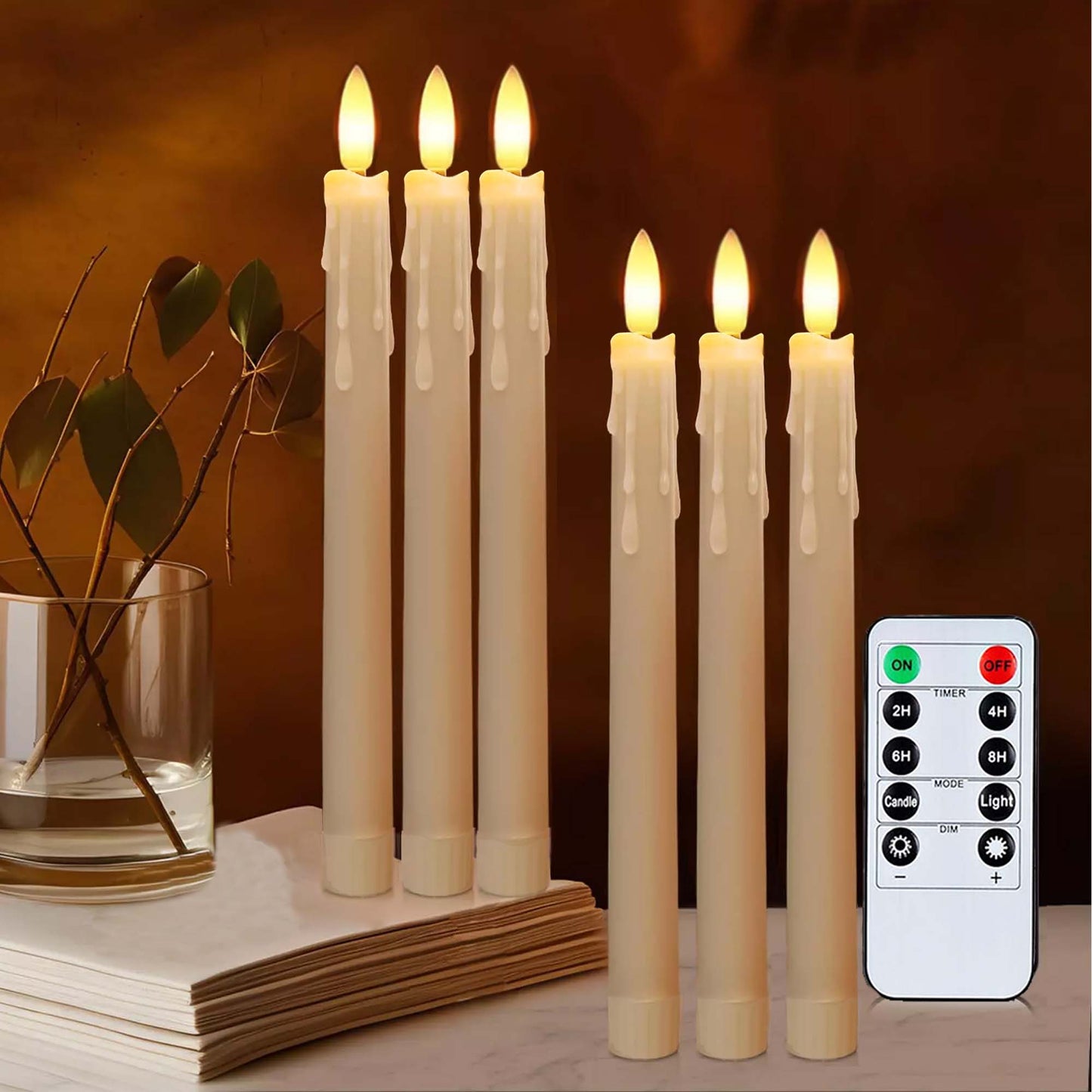 HIDAWN Flameless Taper Candles with Remote Timer,9.6 Inches LED Fake Candlesticks,Dripless Battery Operated 3D Flickering Flame Candles for Fireplace Christmas Halloween Decor-Ivory,6Pack