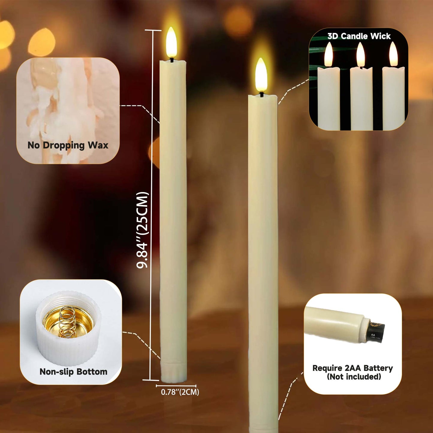 HIDAWN 6Pack Flameless Taper Candles with Remote Timer, 9.6 Inches LED Fake Electric Candlesticks,Dripless Battery Operated 3D Flickering Flame Window Candles-Ivory