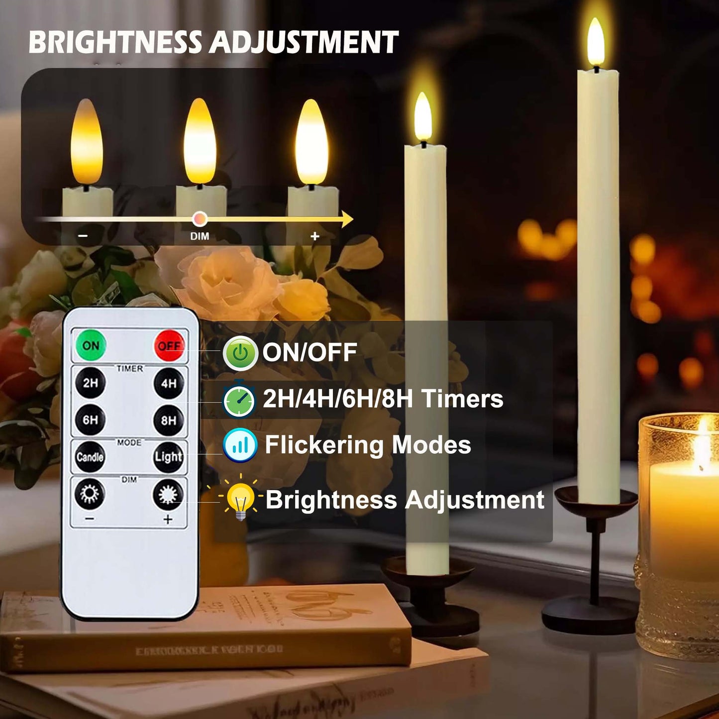 HIDAWN 6Pack Flameless Taper Candles with Remote Timer, 9.6 Inches LED Fake Electric Candlesticks,Dripless Battery Operated 3D Flickering Flame Window Candles-Ivory