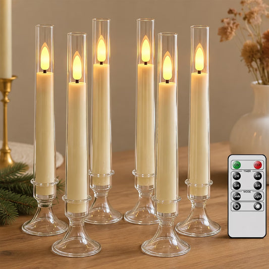 6Pack Flameless Taper Candles with Remote Timer, LED Fake Electric Candlesticks,Battery Operated Dripless 3D Flickering Flame Window Candles,9.57Inch,Clear