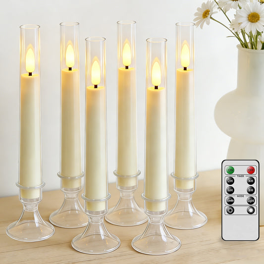 6Pack Flameless Taper Candles with Remote Timer, LED Fake Electric Candlesticks,Battery Operated Dripless 3D Flickering Flame Window Candles,9.57Inch,Clear