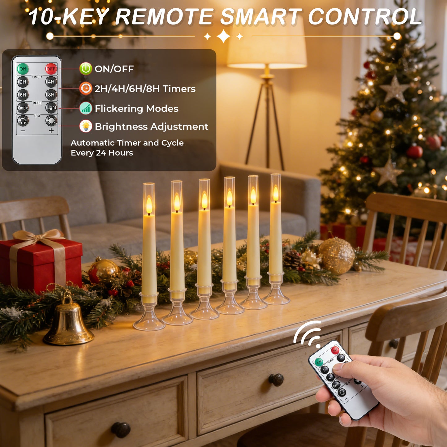 6Pack Flameless Taper Candles with Remote Timer, LED Fake Electric Candlesticks,Battery Operated Dripless 3D Flickering Flame Window Candles,9.57Inch,Clear