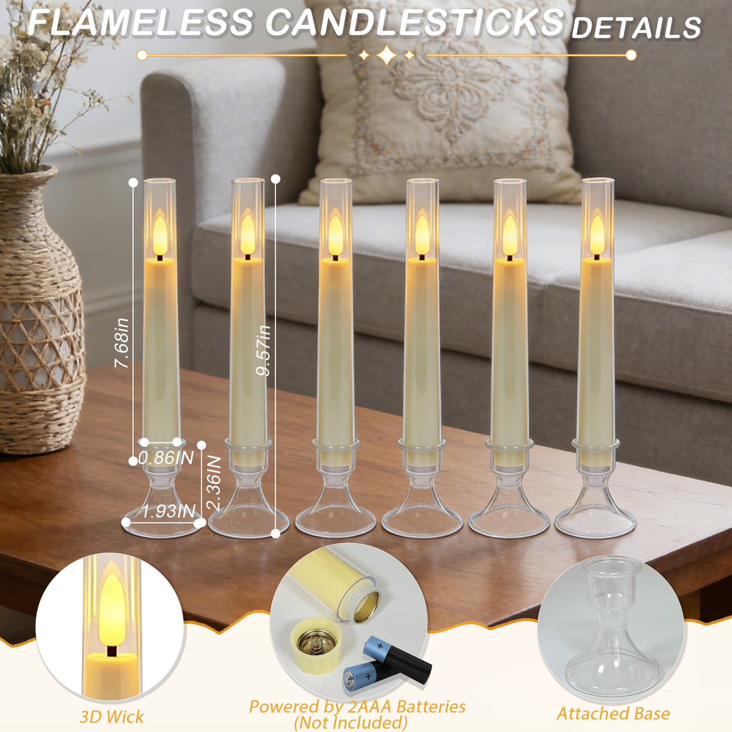 6Pack Flameless Taper Candles with Remote Timer, LED Fake Electric Candlesticks,Battery Operated Dripless 3D Flickering Flame Window Candles,9.57Inch,Clear