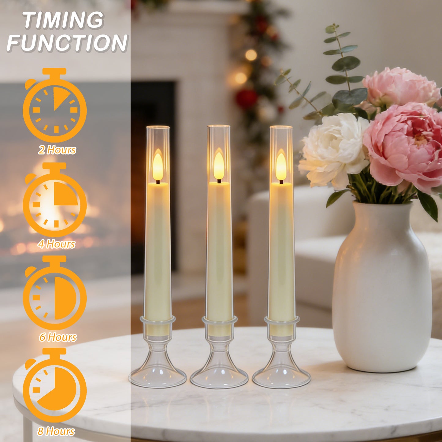6Pack Flameless Taper Candles with Remote Timer, LED Fake Electric Candlesticks,Battery Operated Dripless 3D Flickering Flame Window Candles,9.57Inch,Clear