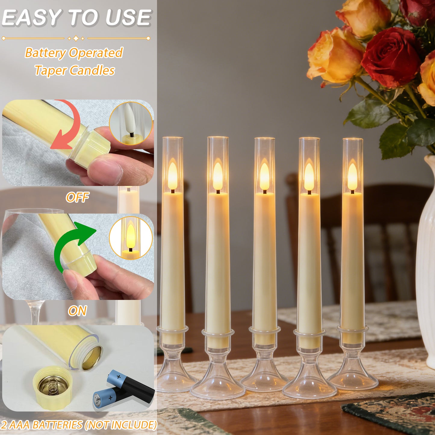 6Pack Flameless Taper Candles with Remote Timer, LED Fake Electric Candlesticks,Battery Operated Dripless 3D Flickering Flame Window Candles,9.57Inch,Clear