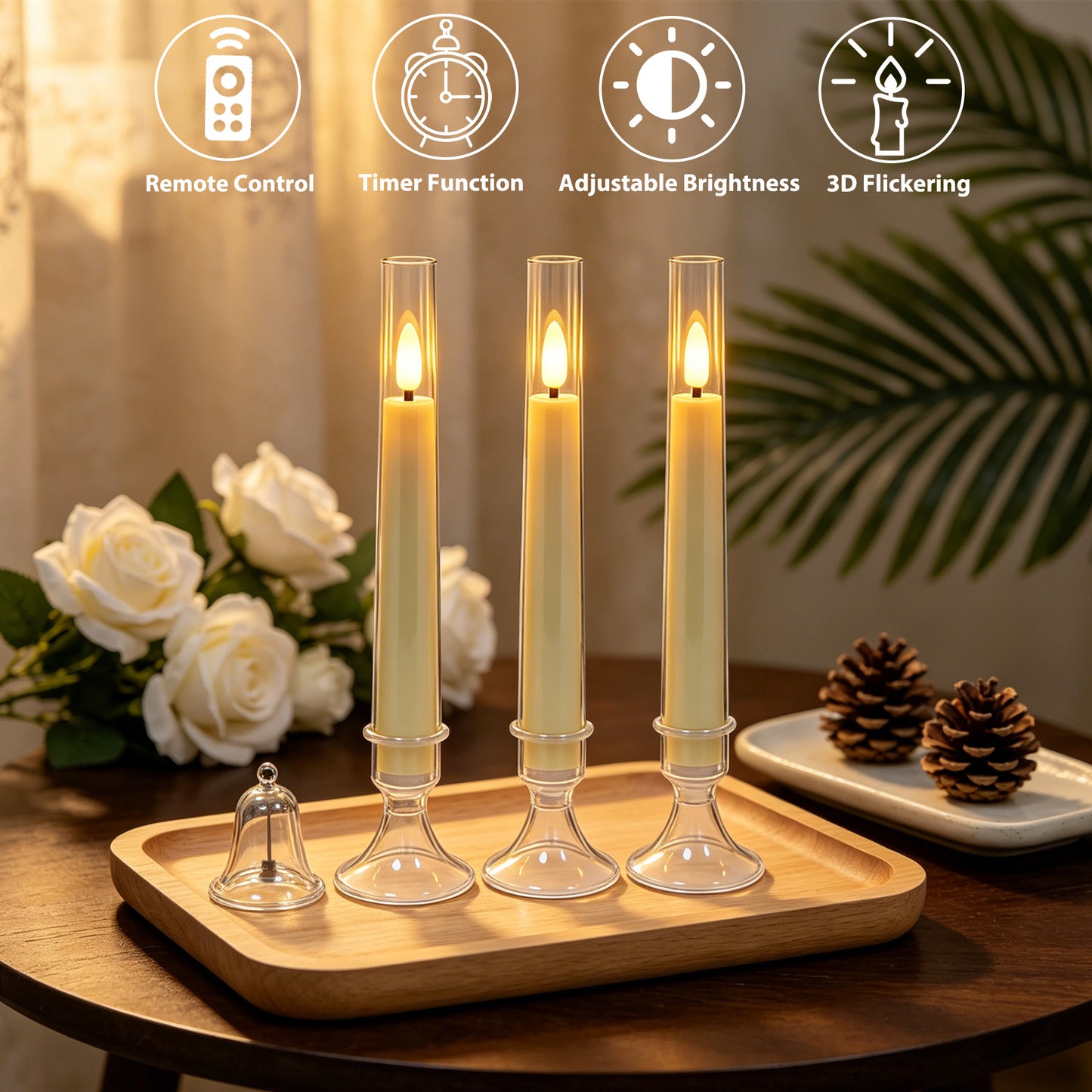 6Pack Flameless Taper Candles with Remote Timer, LED Fake Electric Candlesticks,Battery Operated Dripless 3D Flickering Flame Window Candles,9.57Inch,Clear