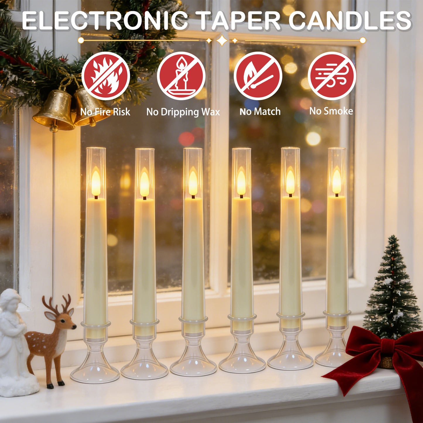 6Pack Flameless Taper Candles with Remote Timer, LED Fake Electric Candlesticks,Battery Operated Dripless 3D Flickering Flame Window Candles,9.57Inch,Clear