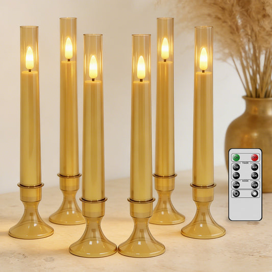 6Pack Flameless Taper Candles with Remote Timer, LED Fake Electric Candlesticks With Base,Battery Operated Dripless 3D Flickering Flame Window Candles,9.57Inch,Gold