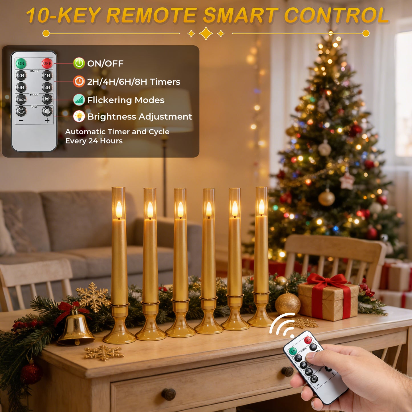 6Pack Flameless Taper Candles with Remote Timer, LED Fake Electric Candlesticks With Base,Battery Operated Dripless 3D Flickering Flame Window Candles,9.57Inch,Gold