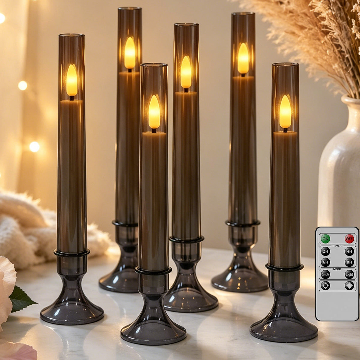 6Pack Flameless Taper Candles with Remote Timer, LED Fake Electric Candlesticks With Base,Battery Operated Dripless 3D Flickering Flame Window Candles,9.57Inch,Black Gray