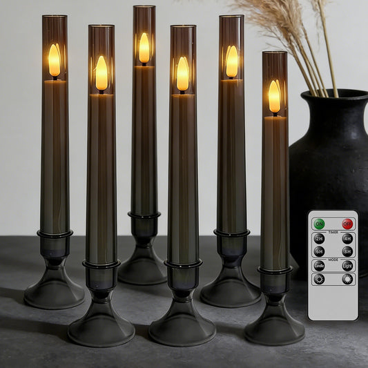 6Pack Flameless Taper Candles with Remote Timer, LED Fake Electric Candlesticks With Base,Battery Operated Dripless 3D Flickering Flame Window Candles,9.57Inch,Black Gray