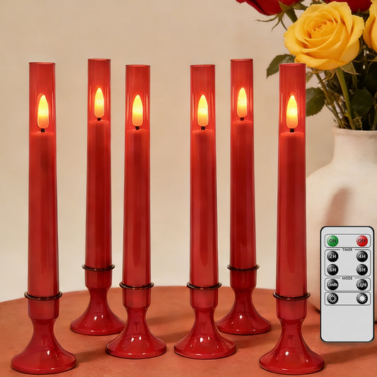 6Pack Flameless Taper Candles with Remote Timer, LED Fake Electric Candlesticks,Battery Operated Dripless 3D Flickering Flame Window Candles,9.57Inch,Red