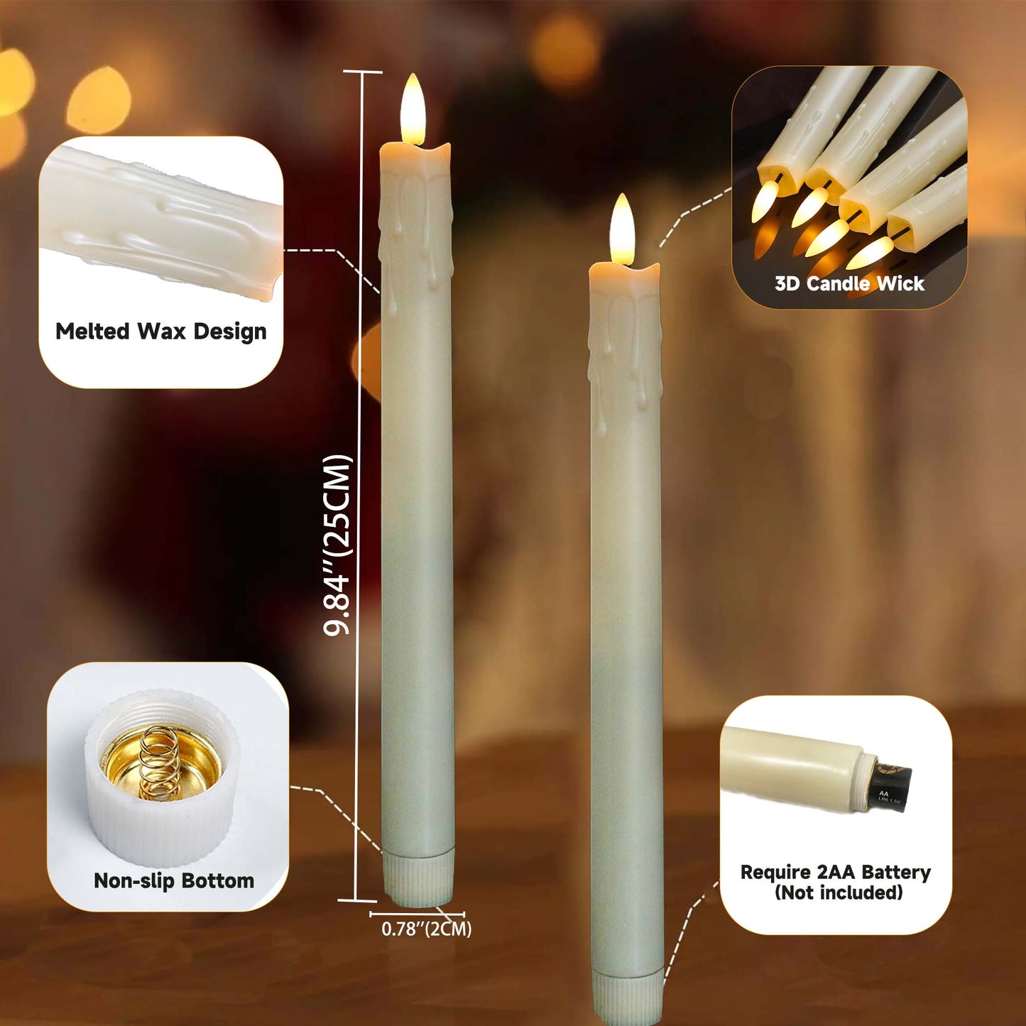 HIDAWN Flameless Taper Candles with Remote Timer,9.6 Inches LED Fake Candlesticks,Dripless Battery Operated 3D Flickering Flame Candles for Fireplace Christmas Halloween Decor-Ivory,6Pack