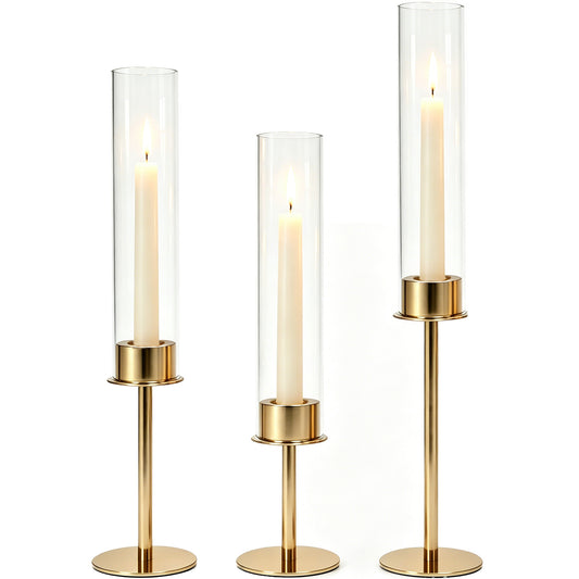 HIDAWN Gold Hurricane Candle Holders Set of 3, Modern Metal Taper Candle Holder with Clear Glass Cylinder, Indoor/Outdoor Elegant Centerpiece Candlestick Holders