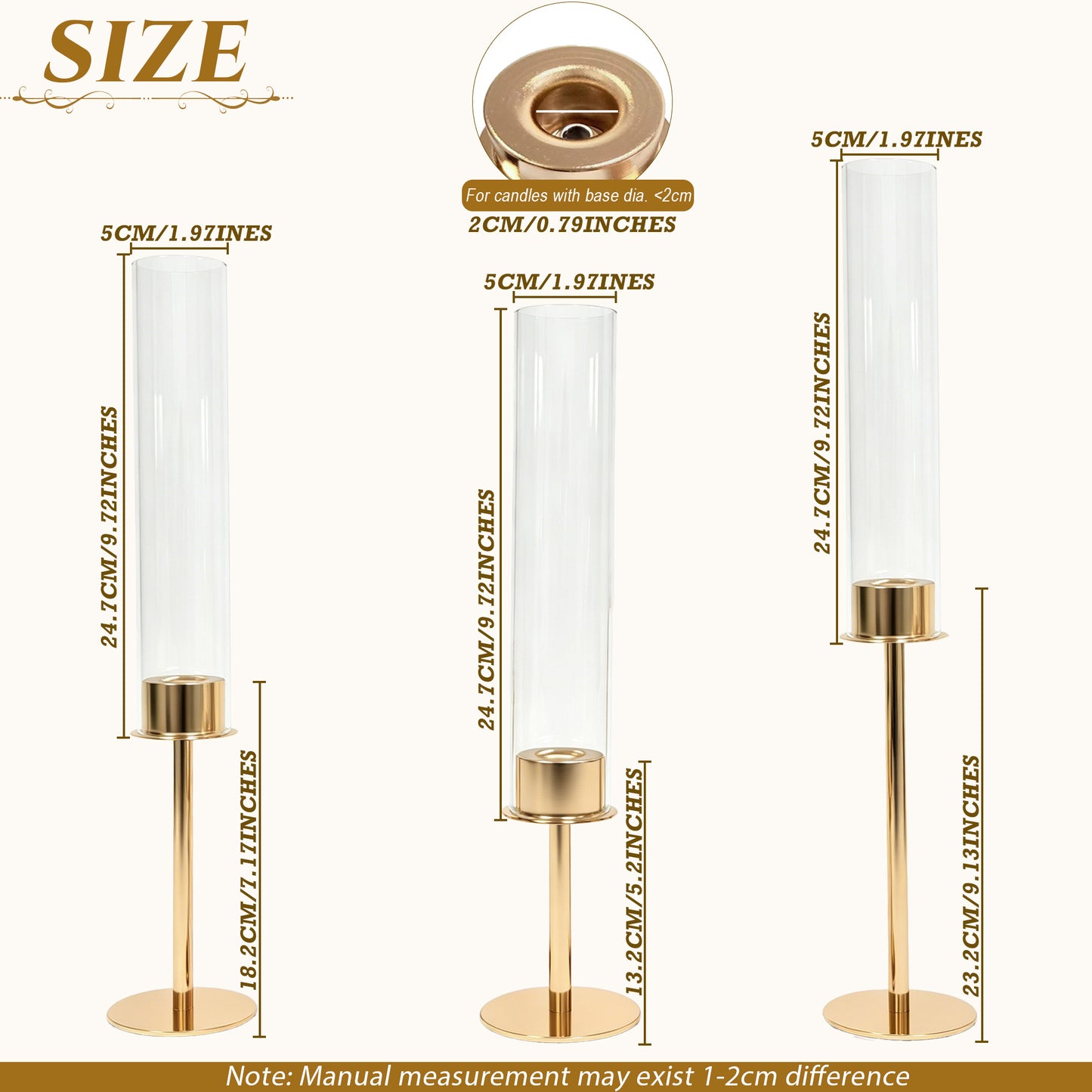 HIDAWN Gold Hurricane Candle Holders Set of 3, Modern Metal Taper Candle Holder with Clear Glass Cylinder, Indoor/Outdoor Elegant Centerpiece Candlestick Holders