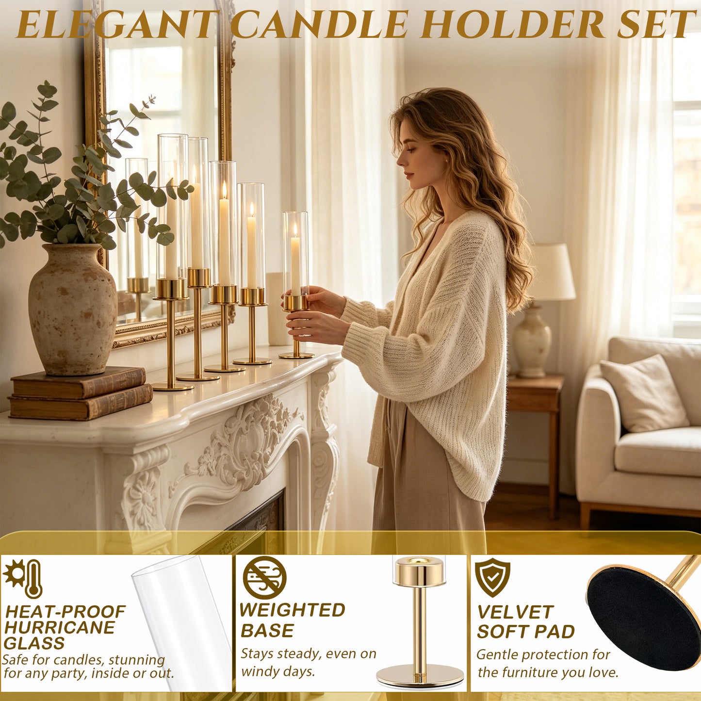 HIDAWN Gold Hurricane Candle Holders Set of 3, Modern Metal Taper Candle Holder with Clear Glass Cylinder, Indoor/Outdoor Elegant Centerpiece Candlestick Holders