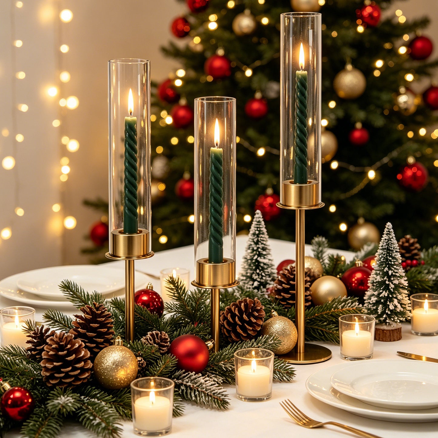HIDAWN Gold Hurricane Candle Holders Set of 3, Modern Metal Taper Candle Holder with Clear Glass Cylinder, Indoor/Outdoor Elegant Centerpiece Candlestick Holders