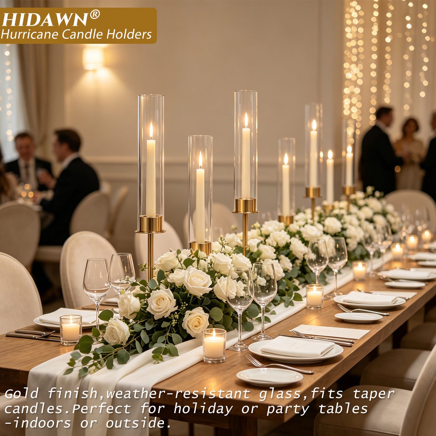 HIDAWN Gold Hurricane Candle Holders Set of 3, Modern Metal Taper Candle Holder with Clear Glass Cylinder, Indoor/Outdoor Elegant Centerpiece Candlestick Holders