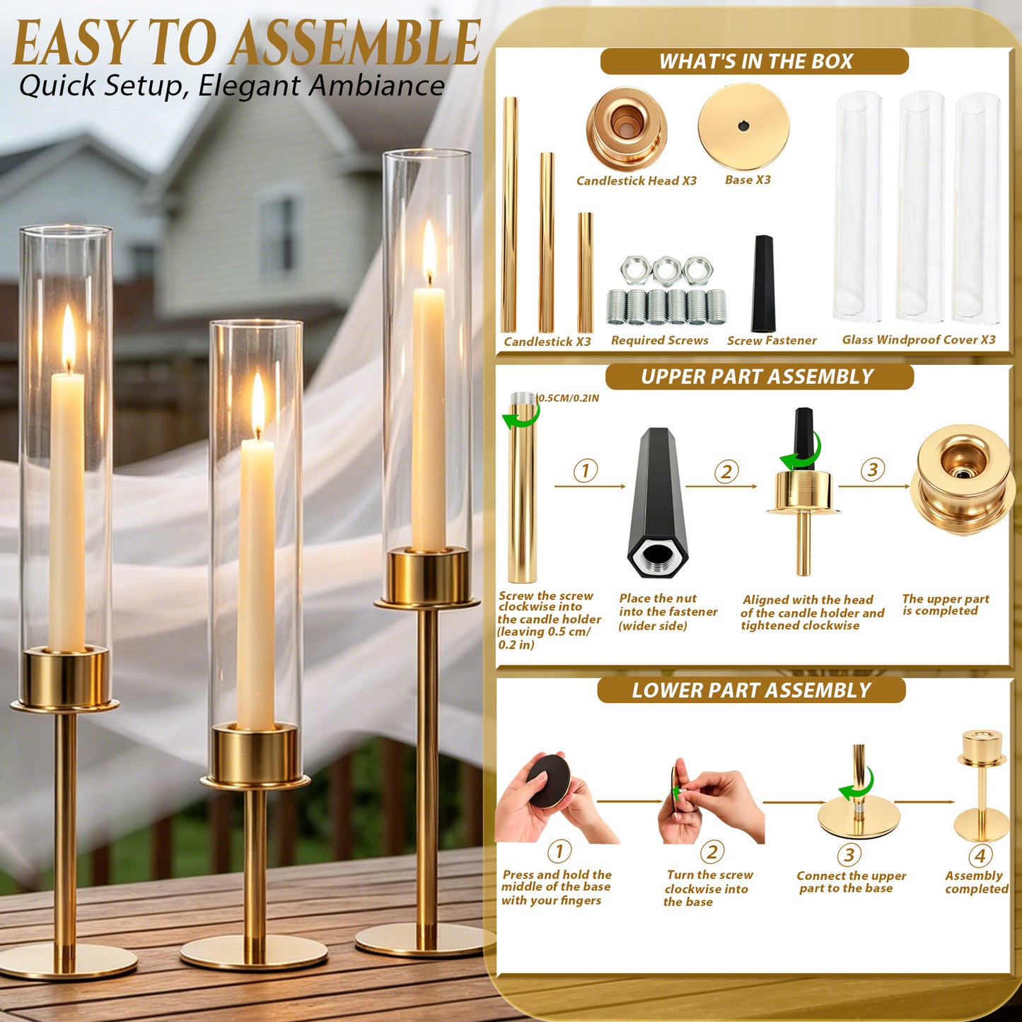 HIDAWN Gold Hurricane Candle Holders Set of 3, Modern Metal Taper Candle Holder with Clear Glass Cylinder, Indoor/Outdoor Elegant Centerpiece Candlestick Holders