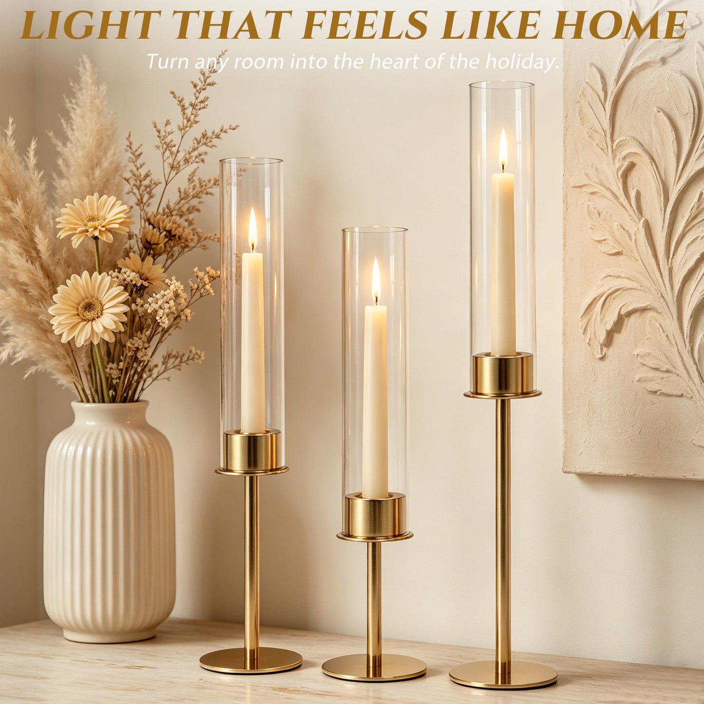 HIDAWN Gold Hurricane Candle Holders Set of 3, Modern Metal Taper Candle Holder with Clear Glass Cylinder, Indoor/Outdoor Elegant Centerpiece Candlestick Holders