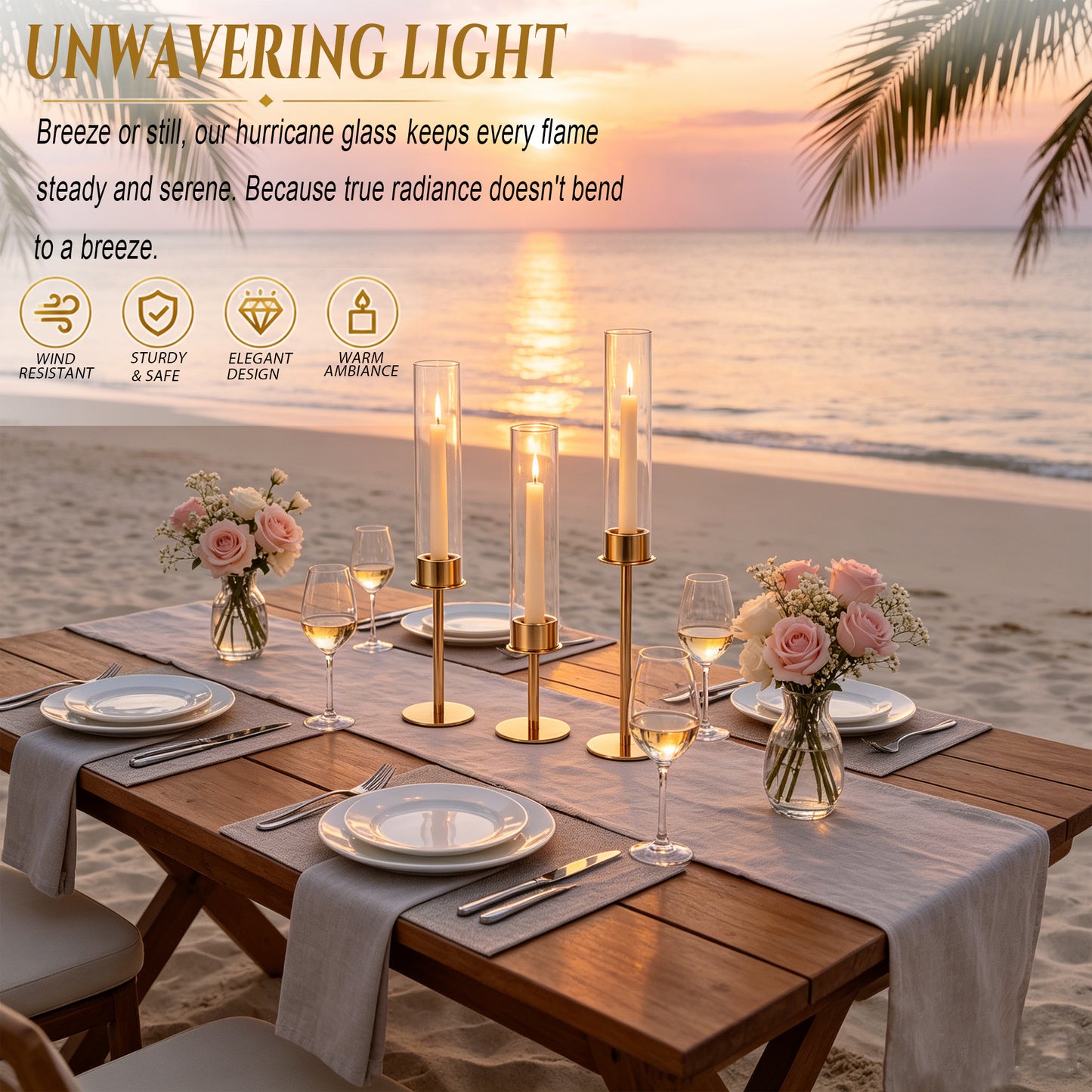 HIDAWN Gold Hurricane Candle Holders Set of 3, Modern Metal Taper Candle Holder with Clear Glass Cylinder, Indoor/Outdoor Elegant Centerpiece Candlestick Holders