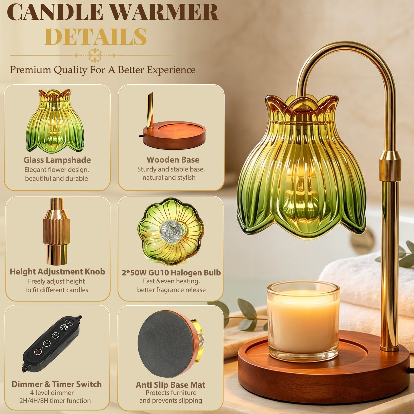 HIDAWN Candle Warmer Lamp with Timer Dimmable-Green Magnolia