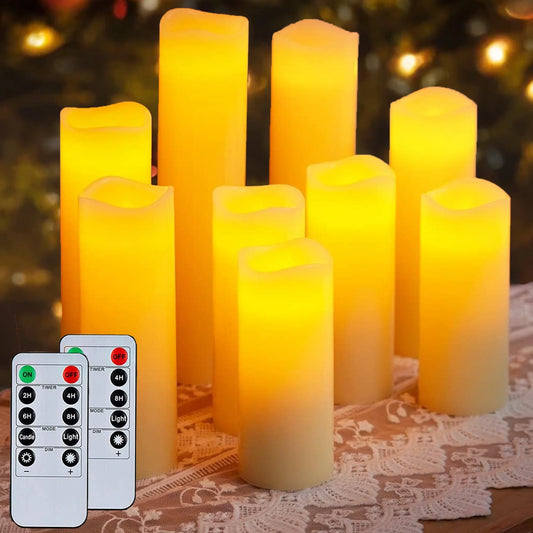 HIDAWN Battery Operated Flameless Fake Candles with Remote Timer,LED Pillar Electric Candles for Valentines Home Wedding Birthday Halloween,Christmas Decor-Ivory White 9Pack