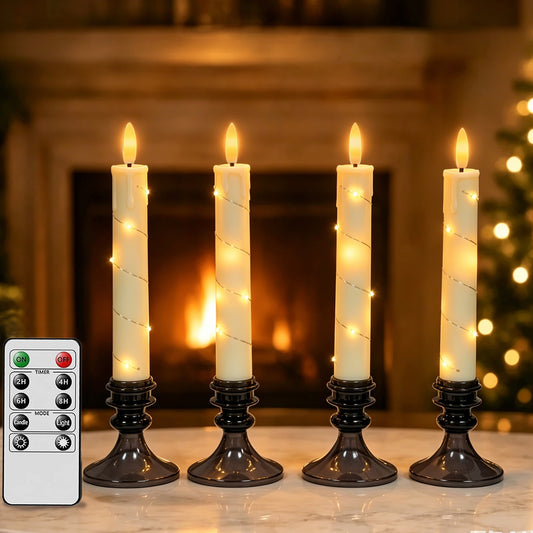 HIDAWN Flameless Taper Candles with Fairy Lights & Holders,LED Battery Operated Fake Candlesticks with Remote,3D Flickering Flame Window Candles for Wedding Home Decor,4Pack