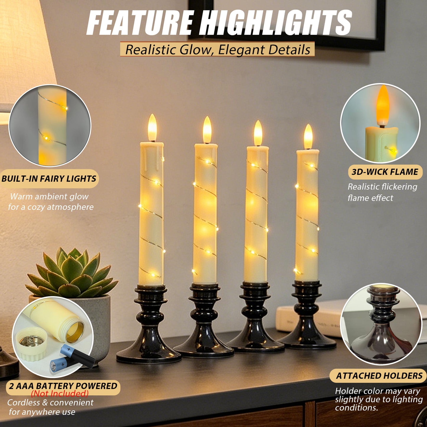 HIDAWN Flameless Taper Candles with Fairy Lights & Holders,LED Battery Operated Fake Candlesticks with Remote,3D Flickering Flame Window Candles for Wedding Home Decor,4Pack