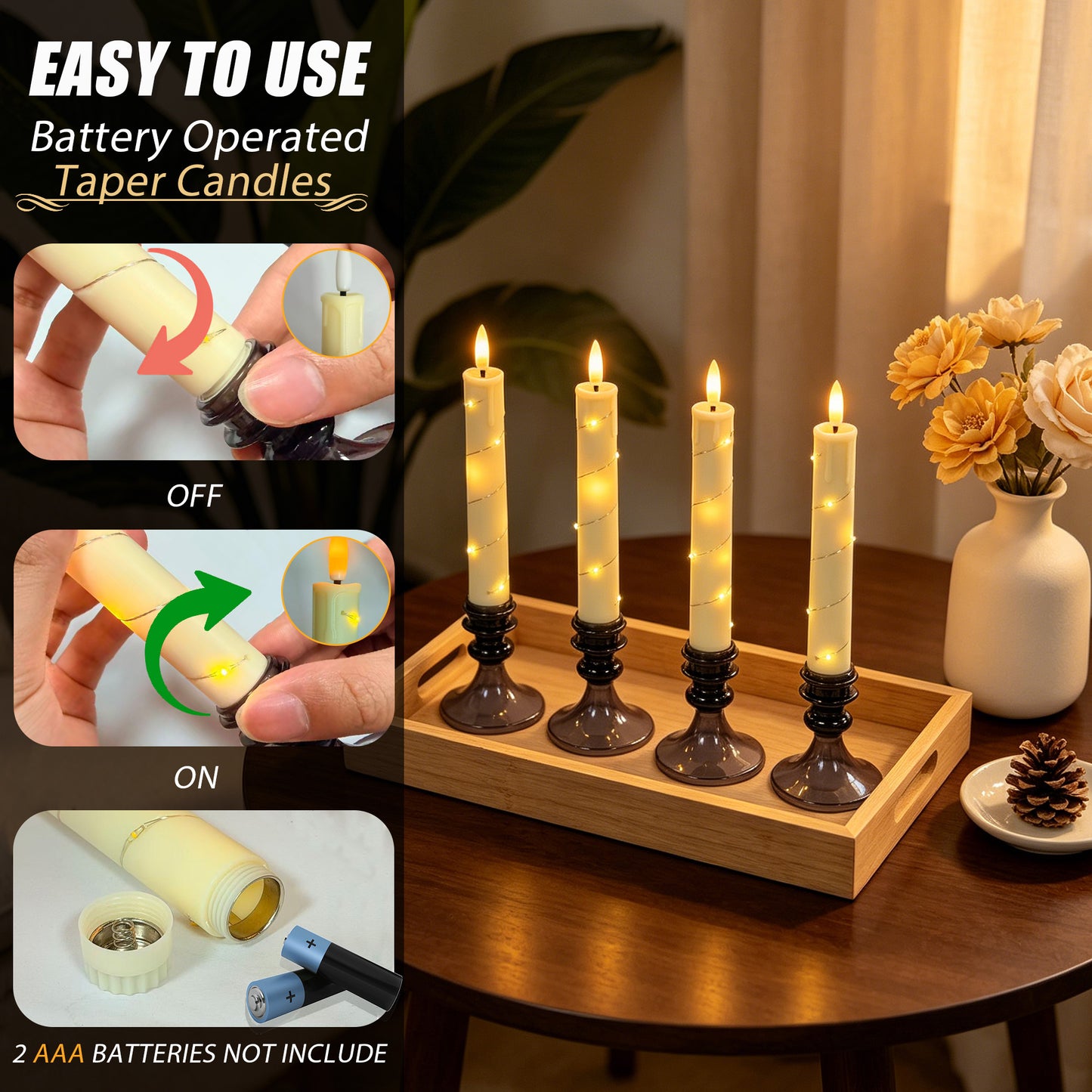 HIDAWN Flameless Taper Candles with Fairy Lights & Holders,LED Battery Operated Fake Candlesticks with Remote,3D Flickering Flame Window Candles for Wedding Home Decor,4Pack